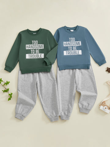 MQTIME  -  Infant Boys Stylish Autumn Ensemble Trendy Long Sleeve Top with Printed Letters and Matching Solid Trousers - 2 Piece Set